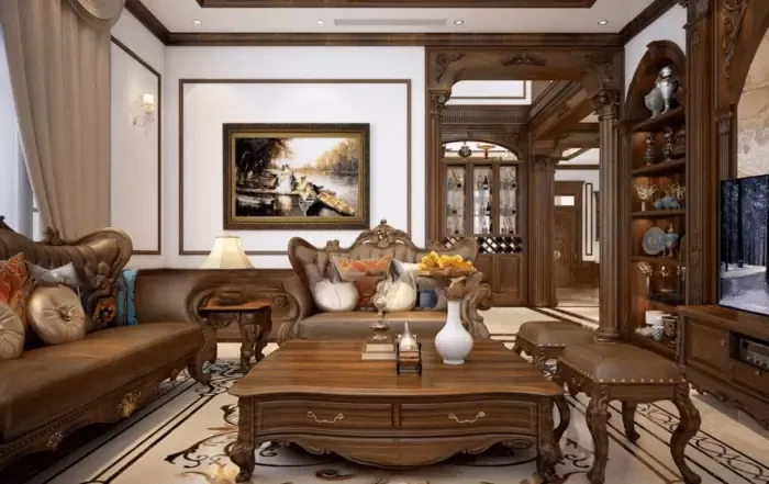 Phòng khách nhà cấp 4 với tranh treo tường, kệ gỗ trưng bày