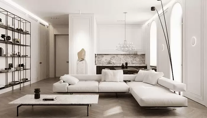 Phòng khách nhà cấp 4 đơn giản với nội thất gỗ sồi, sofa xám, trần thạch cao giật cấp