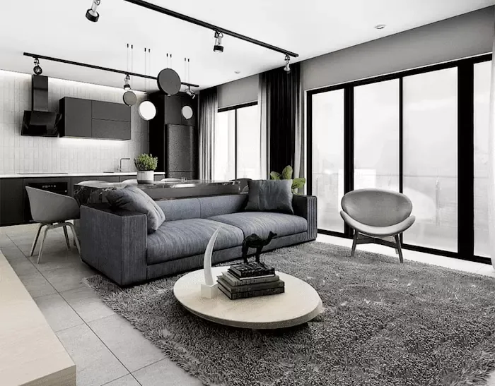 Phòng khách nhà cấp 4 gam màu trung tính, xám be, gỗ sồi