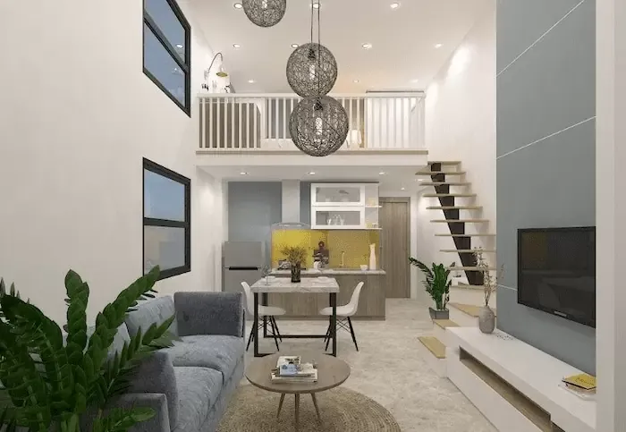 Phòng khách nhà cấp 4 màu tươi sáng, trắng xanh dương, cây xanh