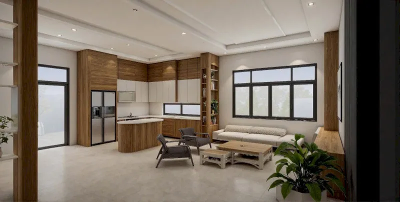 Trang trí phòng khách nhà cấp 4 liền kề bếp với nội thất gỗ sang trọng, kết hợp tường sơn trắng tạo sự tương phản nổi bật