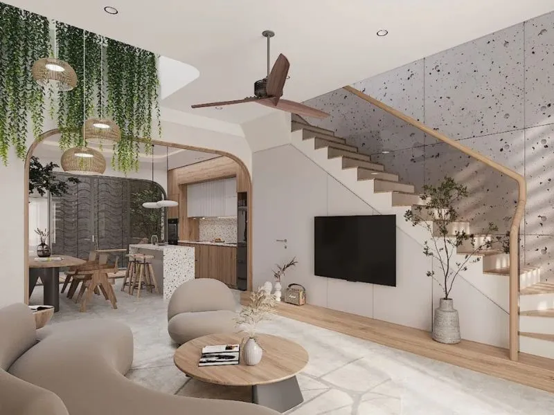 Trang trí phòng khách nhà ống có cầu thang