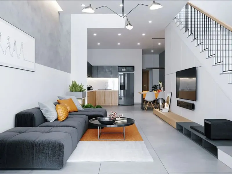 Trang trí phòng khách nhà ống có cầu thang