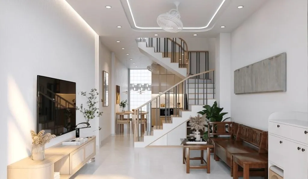 Trang trí phòng khách nhà ống có cầu thang