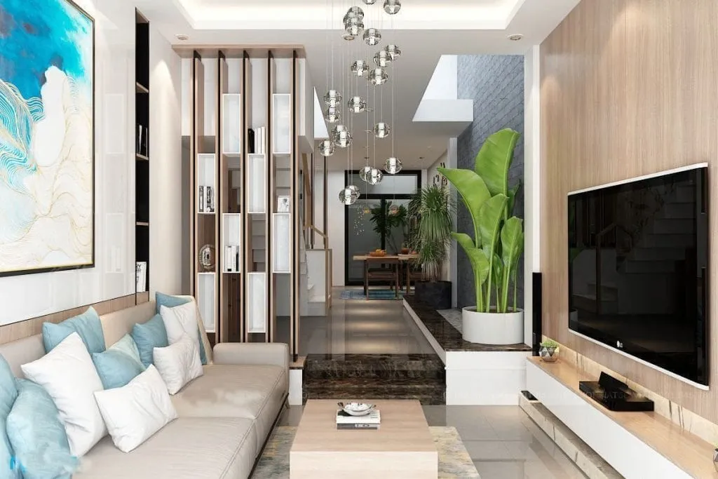 Trang trí phòng khách nhà ống có cầu thang