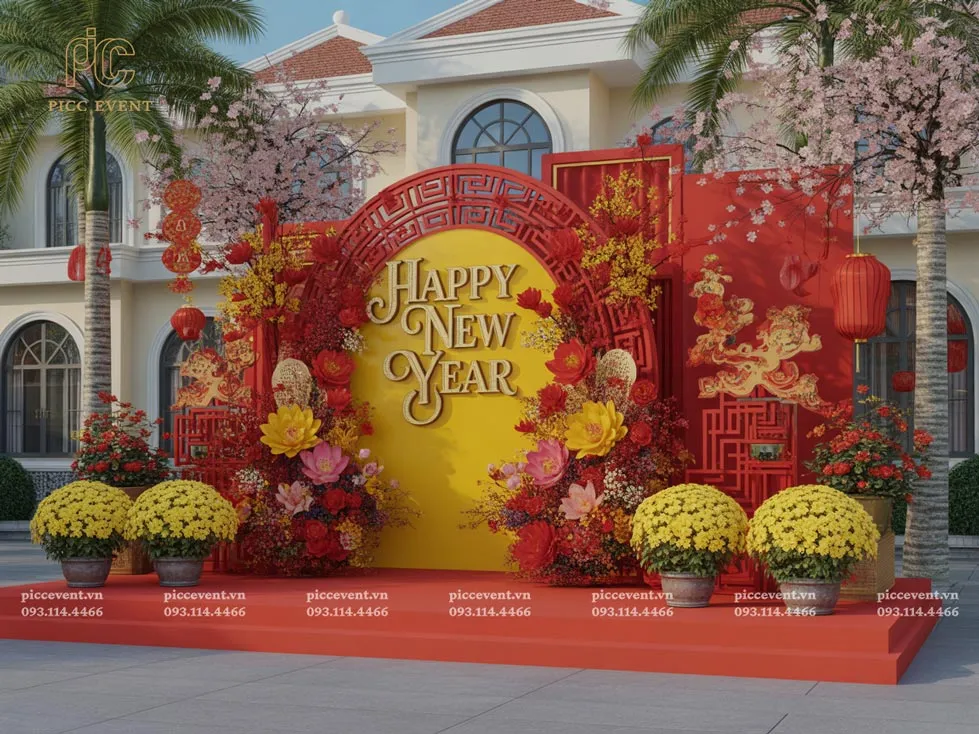 Mẫu trang trí tết công ty với tiểu cảnh check-in phong cách hiện đại