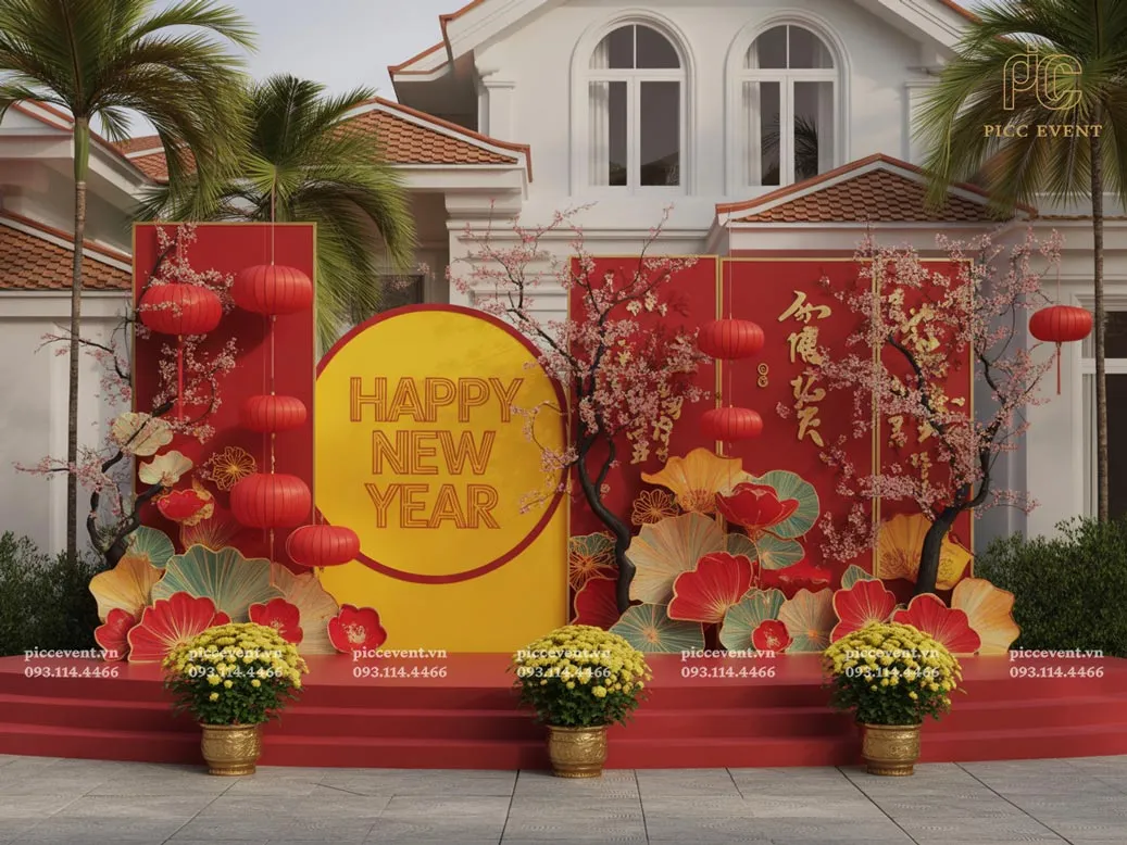 Tiểu cảnh trang trí tết với hoa đào, lồng đèn và backdrop truyền thống