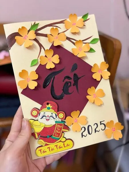 Thiệp Tết phong cách tối giản với hoa mai vàng trên nền trắng