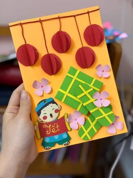 Thiệp Tết 3D với hoa đào giấy nổi