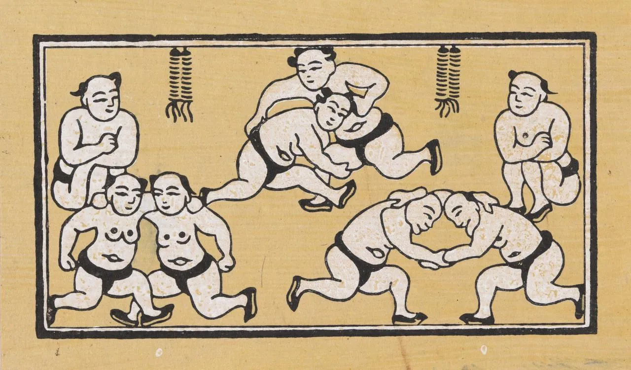 Tranh Đông Hồ Đấu Vật phản ánh không khí vui tươi của các lễ hội làng quê Việt Nam