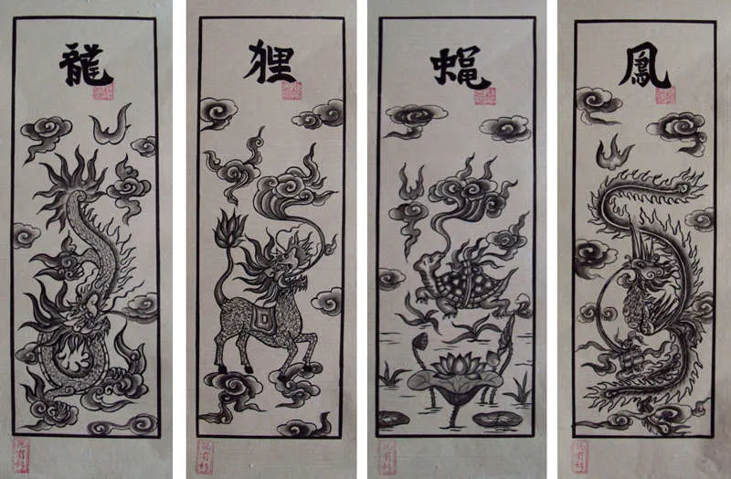 Bức tranh Đông Hồ Tứ Linh với các biểu tượng Long Lân Quy Phụng trên giấy dó bồi điệp