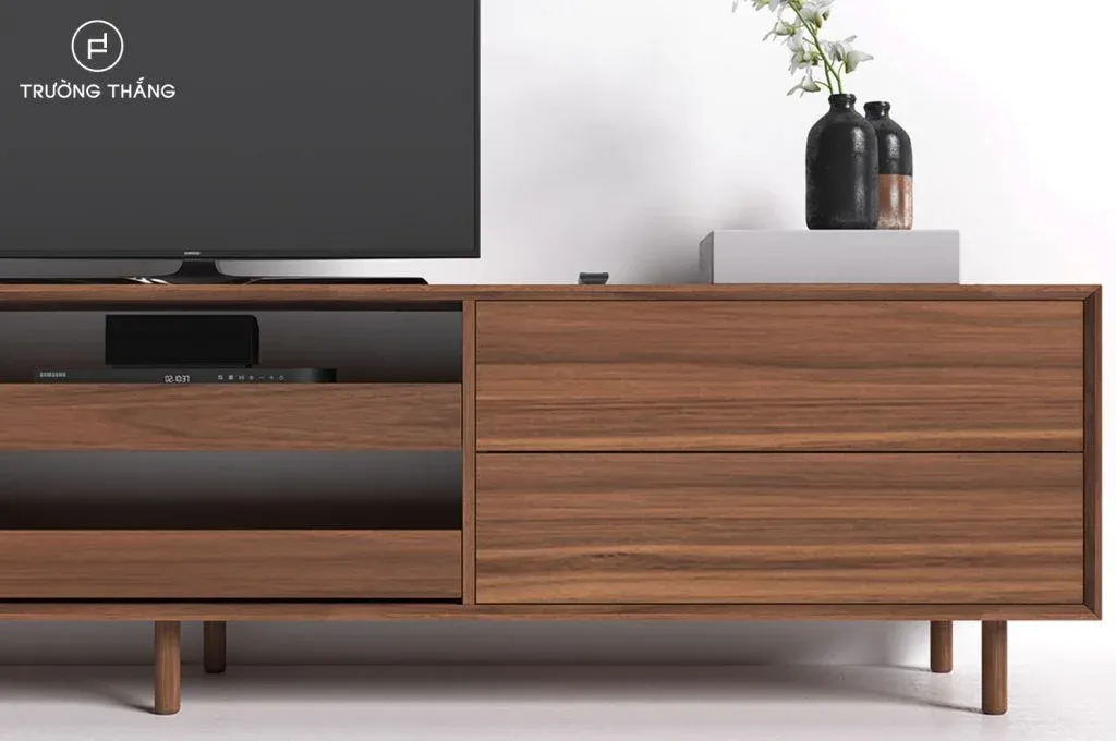 Tủ tivi phòng khách gỗ tự nhiên Mela được nghiên cứu để tối ưu công năng sử dụng