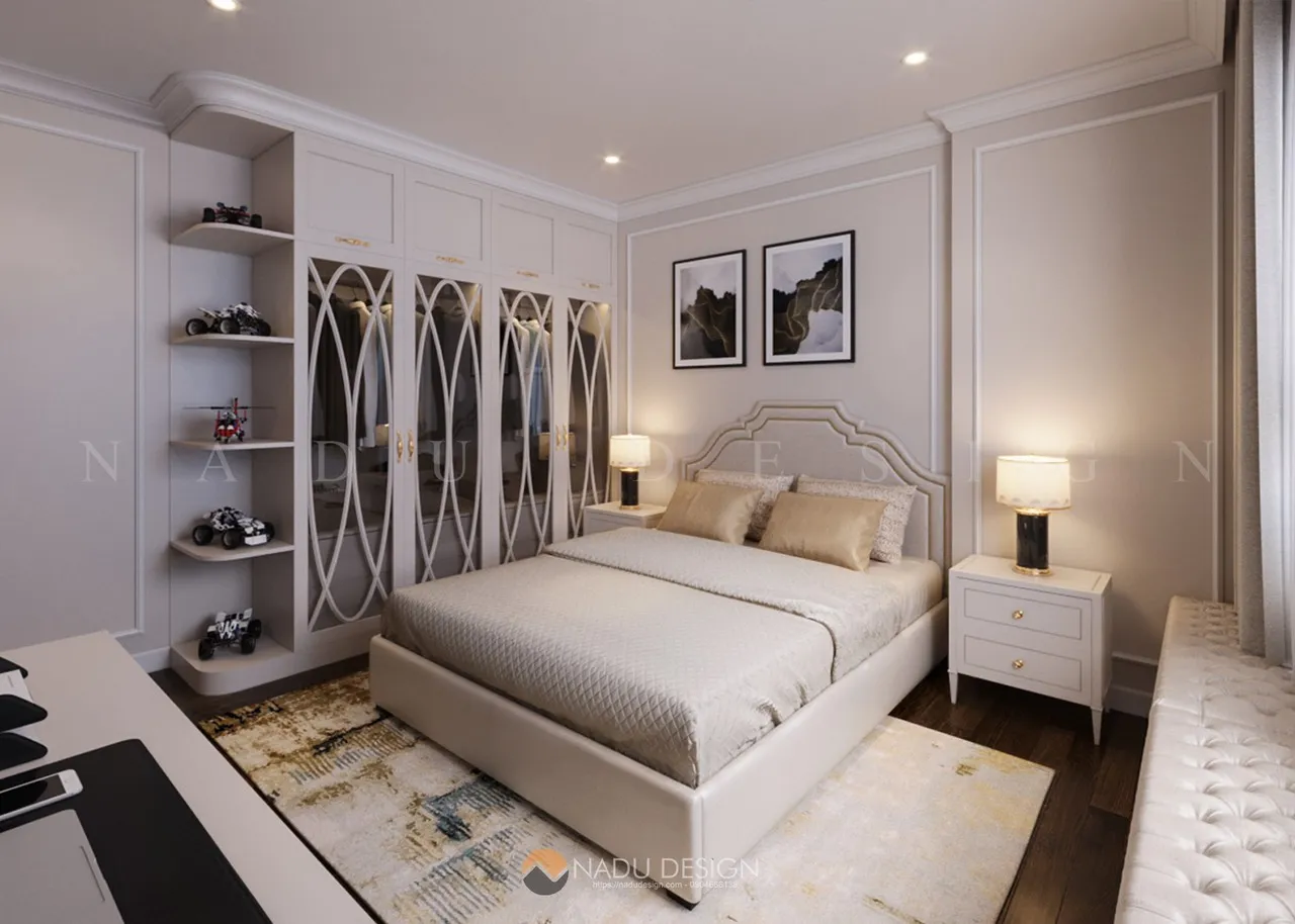 Thiết kế tủ 4 buồng gỗ công nghiệp kết hợp kính cường lực cho phòng tân cổ điển sang trọng