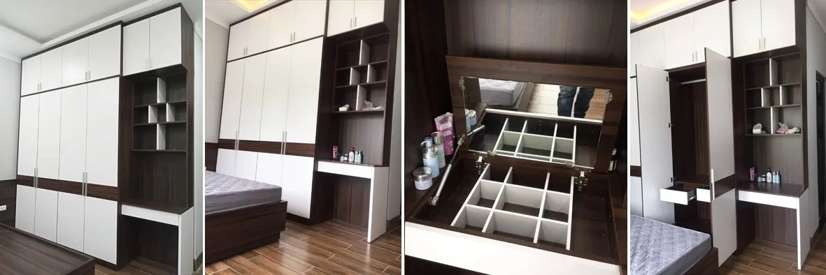 Tủ áo gỗ công nghiệp 4 cánh màu trắng với ngăn kéo và kệ giày, lắp đặt hoàn thiện tại phòng ngủ