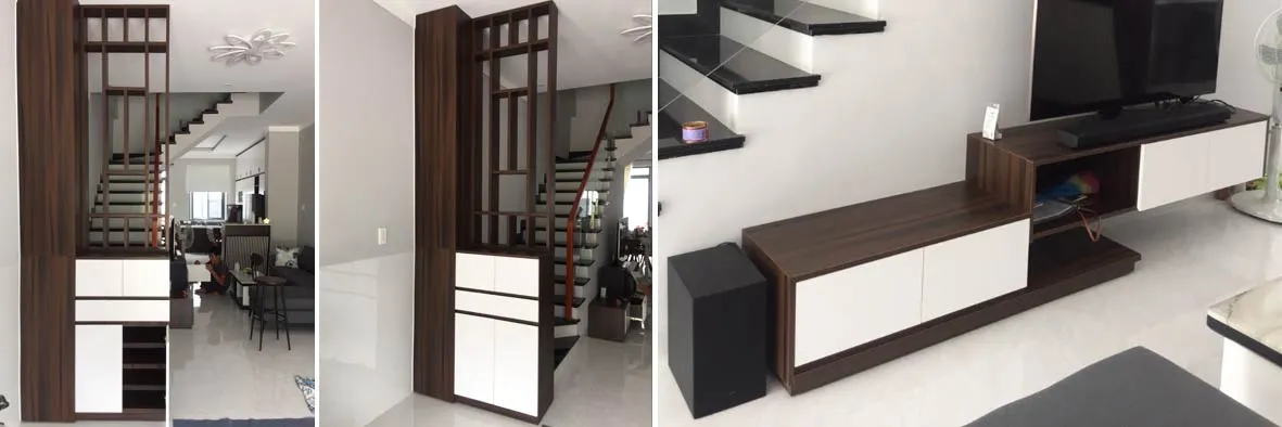 Chi tiết bên trong tủ áo với cây treo inox, ngăn kéo giảm chấn và kệ xếp quần áo gọn gàng