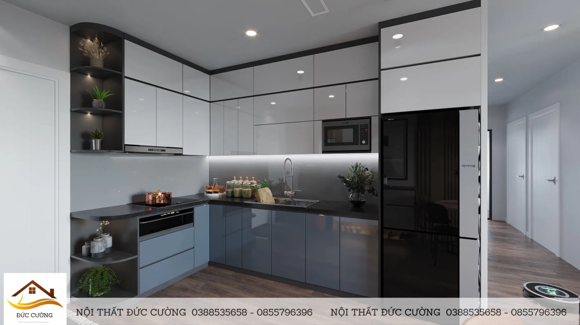 Ảnh thiết kế 3D tủ bếp MDF phủ acrylic màu trắng bóng cho căn hộ chung cư hiện đại, bố trí chữ L với đảo bếp nhỏ