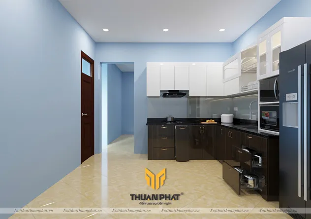 Chi tiết kết cấu tủ bếp khung bê tông với lớp Acrylic bóng gương