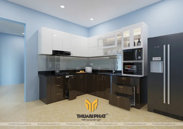 Tủ bếp khung bê tông chữ L hiện đại với mặt Acrylic trắng bóng gương