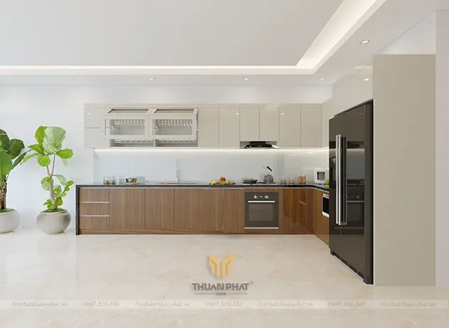 Tủ bếp Acrylic óc chó An Cường phối laminate vân gỗ đồng bộ