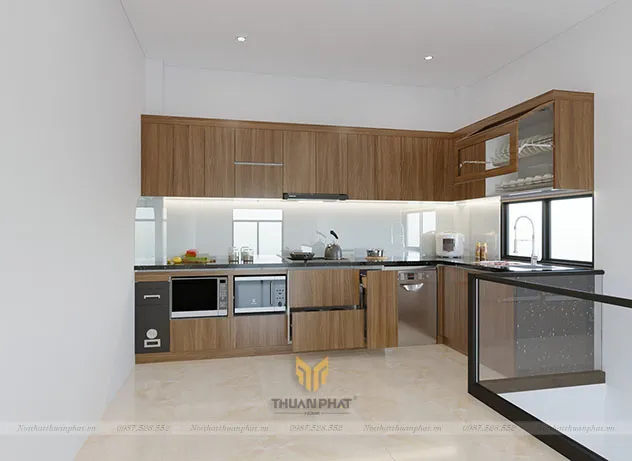 Tủ bếp Acrylic vân gỗ óc chó An Cường kết hợp laminate chân thực