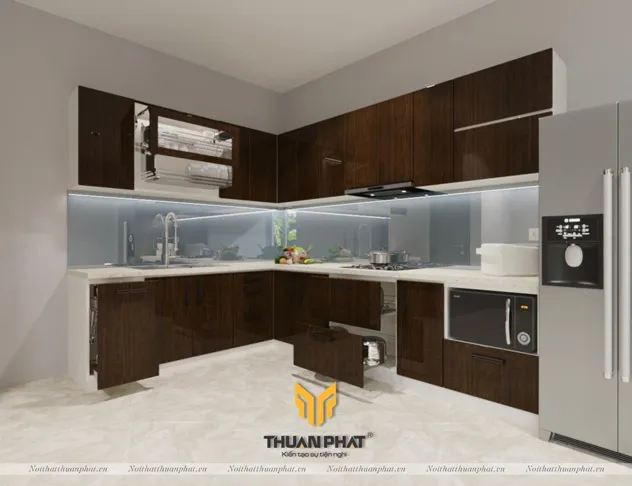 Mẫu thiết kế tủ bếp nhựa Picomat cánh phủ Acrylic vân gỗ nhà cô Chung