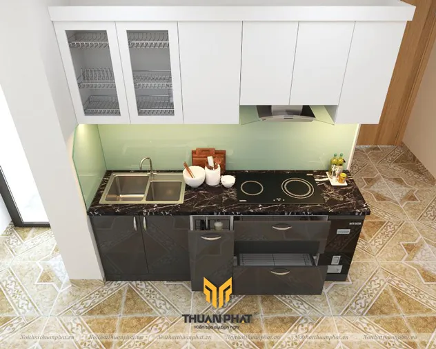 Tủ bếp acrylic chữ I tích hợp đầy đủ thiết bị hiện đại