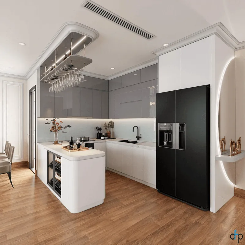 Tủ bếp acrylic an cường chữ U kết hợp đảo sang trọng