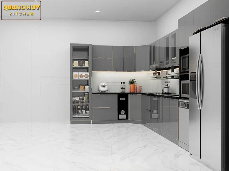 Tủ bếp khung inox cánh kính có tủ kho và máy rửa bát