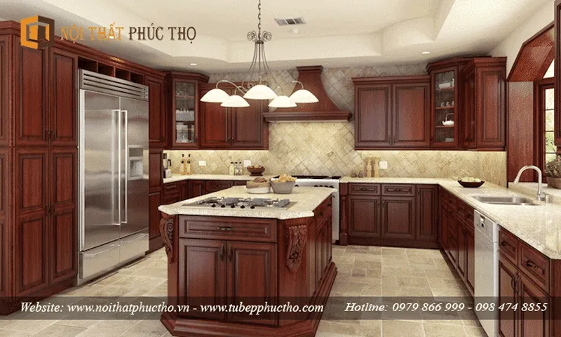 Tủ bếp gỗ dổi phong cách tân cổ điển