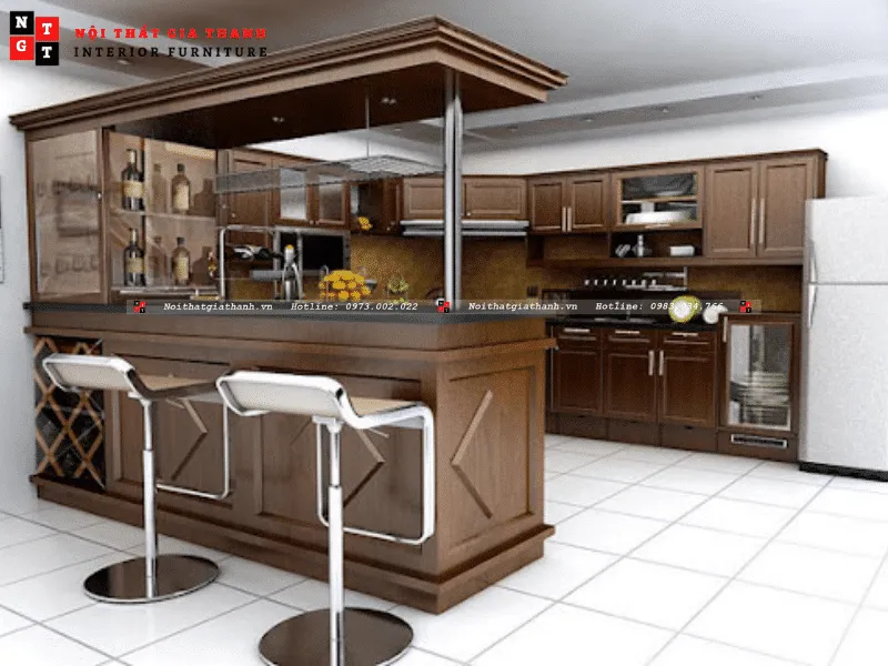 Tủ rượu tích hợp trong quầy bar gỗ óc chó