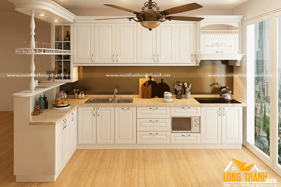 Tủ bếp gỗ sồi sơn trắng hiện đại 2026