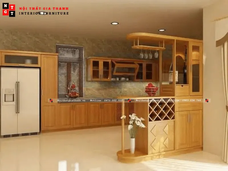 Tủ bếp gỗ tự nhiên xoan đào kết hợp quầy bar và tủ rượu