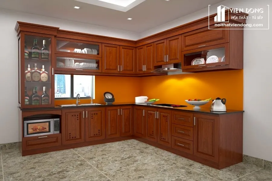 Tủ bếp gỗ xoan đào phun màu cánh dán