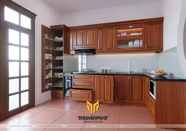 Tủ bếp gỗ xoan đào chữ L với thiết kế góc thông minh, tận dụng tối đa không gian
