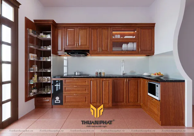 Tủ bếp gỗ xoan đào chữ L hiện đại với vân gỗ tự nhiên, thiết kế tối ưu không gian góc