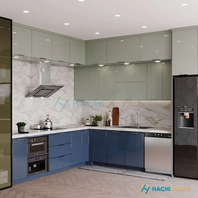Tủ bếp nhôm hợp kim với cánh kính acrylic bóng gương, phong cách hiện đại