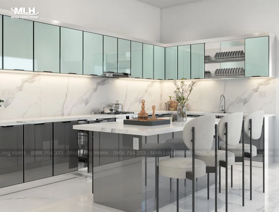 Tủ bếp inox cánh kính có bàn đảo