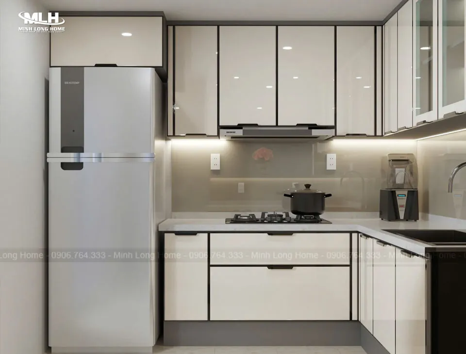 Tủ bếp cánh kính bóng gương phong cách Luxury