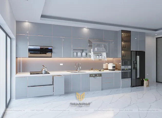 thiết kế 3D tủ bếp inox cánh kính chữ I