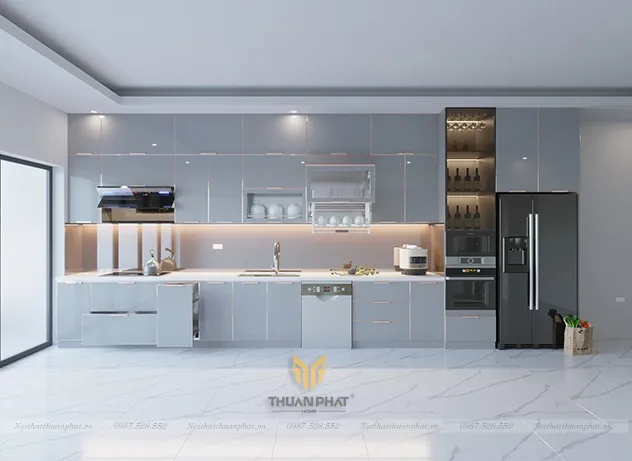 tủ bếp inox cánh kính chữ I
