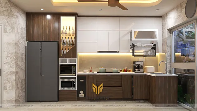 Tủ bếp Acrylic óc chó kết hợp laminate tạo điểm nhấn