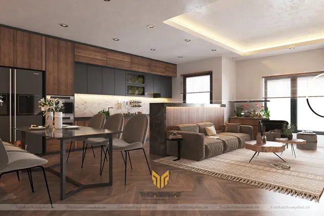 Không gian bếp sang trọng với tủ bếp Acrylic óc chó An Cường