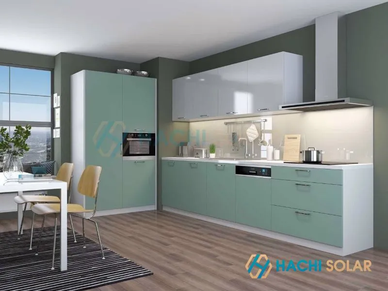 Tủ bếp nhôm kính màu xanh ngọc, điểm nhấn độc đáo cho bếp hiện đại