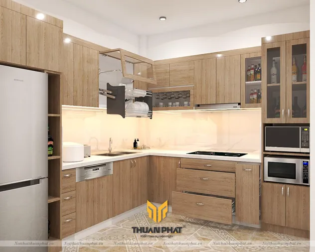 Tủ bếp melamine vân gỗ óc chó sáng màu mở rộng không gian