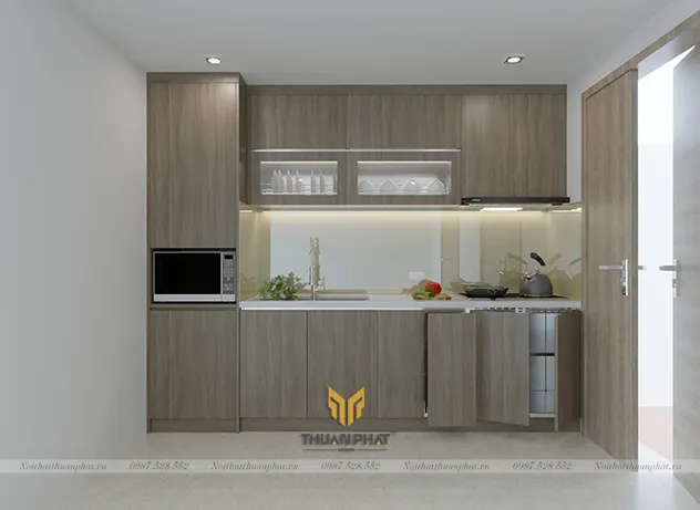 Tủ bếp melamine vân gỗ óc chó An Cường tone sáng thanh lịch