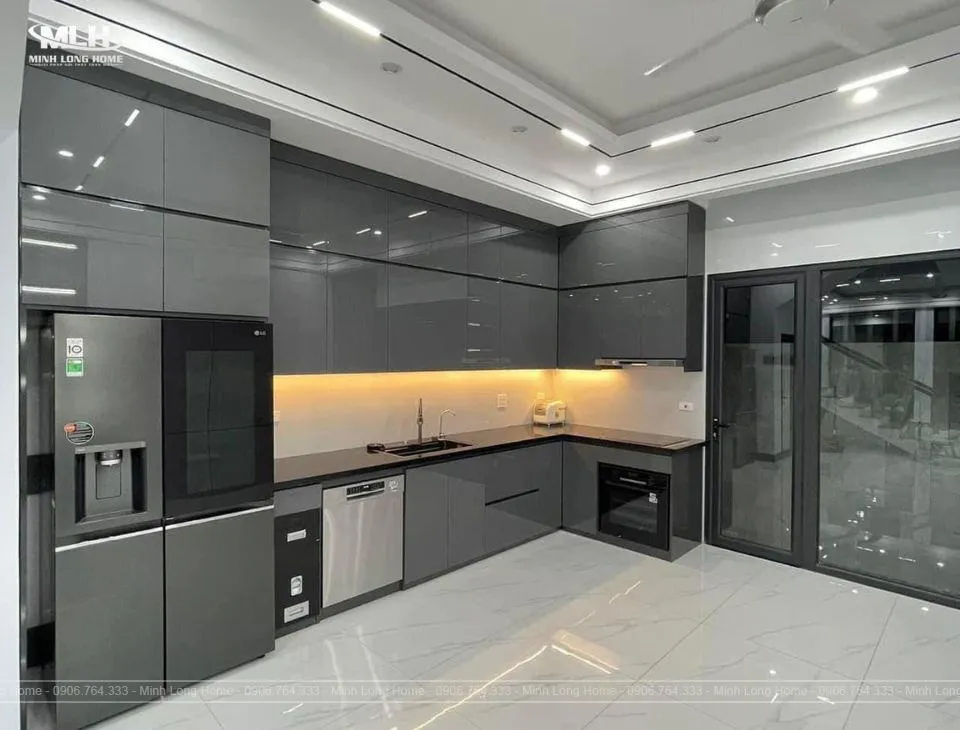 Bộ tủ bếp nhôm cánh acrylic noline thiết kế hình chữ L