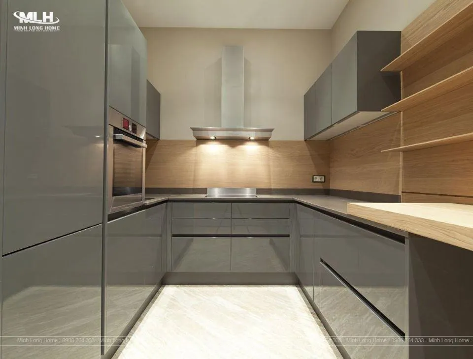 Mẫu tủ bếp nhôm cánh acrylic chữ U