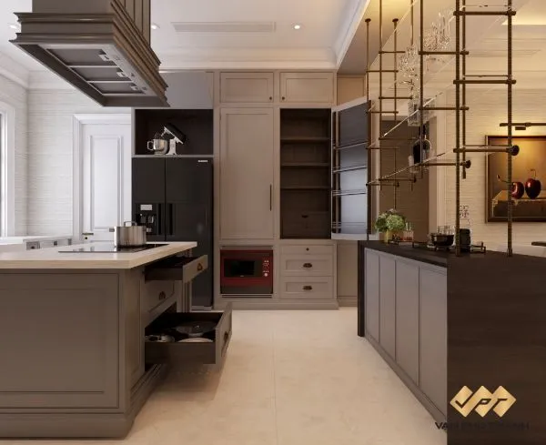 Tủ bếp nhôm hợp kim vân gỗ sồi cao cấp cho biệt thự