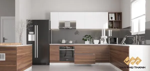 Tủ bếp nhôm hợp kim vân gỗ óc chó phong cách hiện đại