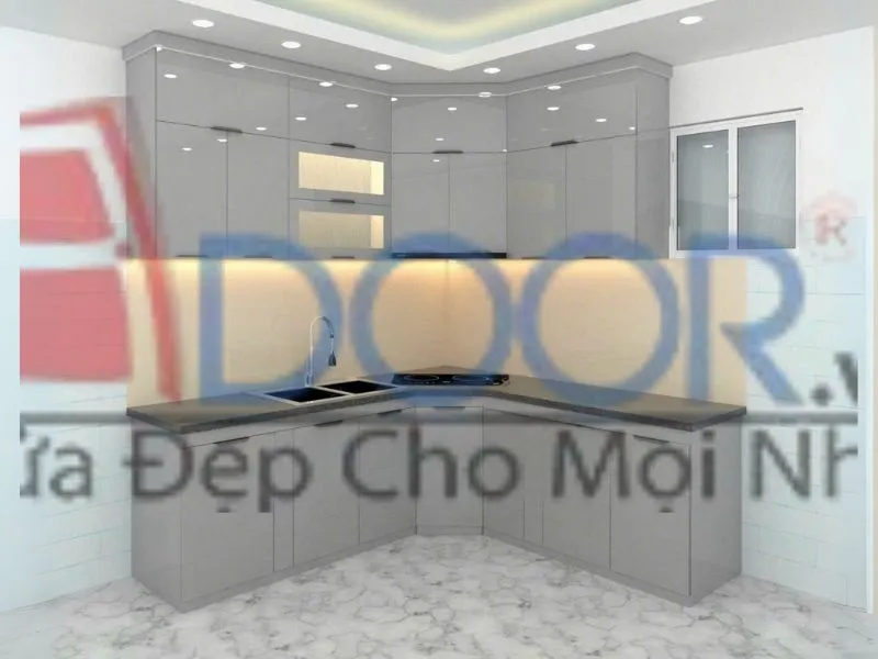 Tủ bếp chữ L kết hợp tủ trên kính mờ